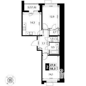 2-к квартира, вторичка, 58м2, 5/17 этаж