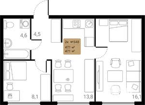 2-к квартира, вторичка, 47м2, 23/28 этаж
