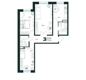 3-к квартира, вторичка, 76м2, 2/9 этаж