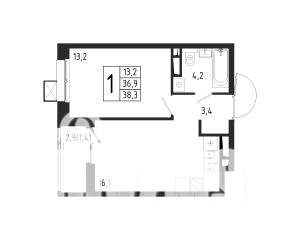 1-к квартира, строящийся дом, 38м2, 2/10 этаж