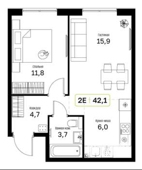 2-к квартира, вторичка, 42м2, 7/17 этаж