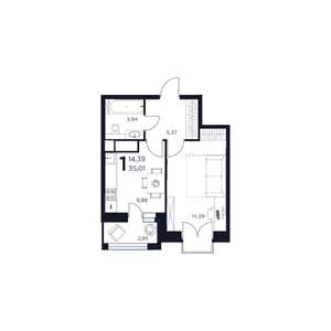 1-к квартира, строящийся дом, 35м2, 12/15 этаж