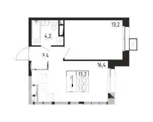 1-к квартира, строящийся дом, 37м2, 1/10 этаж