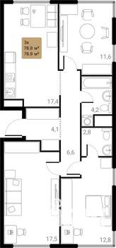 3-к квартира, вторичка, 77м2, 4/28 этаж
