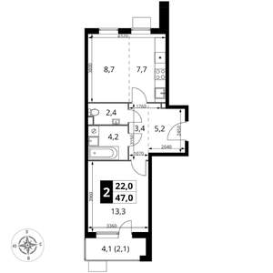 2-к квартира, вторичка, 47м2, 16/17 этаж