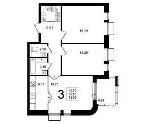 3-к квартира, строящийся дом, 72м2, 3/5 этаж