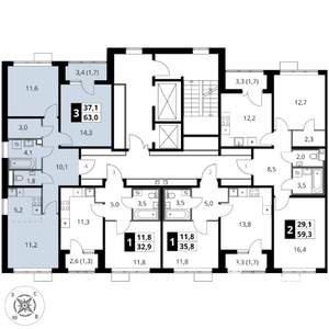 3-к квартира, вторичка, 63м2, 6/16 этаж