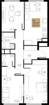 3-к квартира, вторичка, 76м2, 25/28 этаж