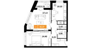 2-к квартира, вторичка, 56м2, 7/14 этаж
