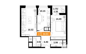 2-к квартира, вторичка, 55м2, 4/17 этаж