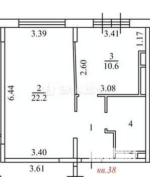 1-к квартира, вторичка, 42м2, 4/4 этаж