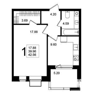 1-к квартира, строящийся дом, 43м2, 2/5 этаж