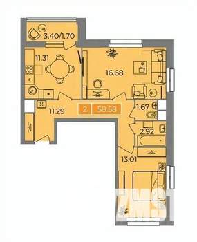 2-к квартира, строящийся дом, 59м2, 10/17 этаж