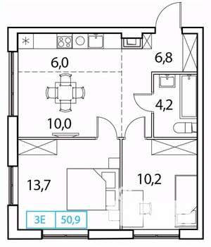 2-к квартира, вторичка, 51м2, 3/17 этаж