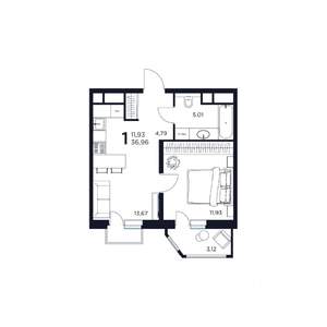 1-к квартира, строящийся дом, 37м2, 14/17 этаж