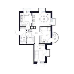 3-к квартира, строящийся дом, 59м2, 13/17 этаж
