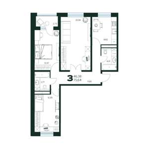 3-к квартира, строящийся дом, 76м2, 2/9 этаж