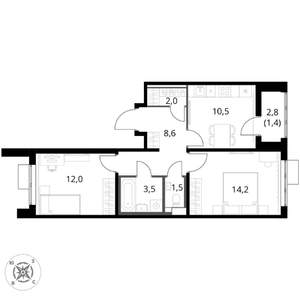 2-к квартира, вторичка, 54м2, 14/17 этаж