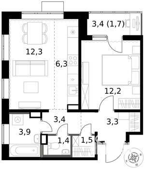 2-к квартира, вторичка, 46м2, 8/17 этаж