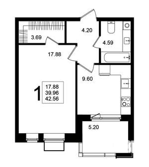 1-к квартира, строящийся дом, 43м2, 4/5 этаж