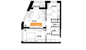 2-к квартира, вторичка, 56м2, 16/17 этаж