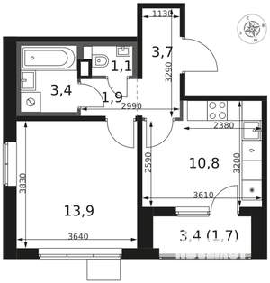 1-к квартира, вторичка, 37м2, 7/17 этаж