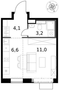1-к квартира, вторичка, 25м2, 3/17 этаж