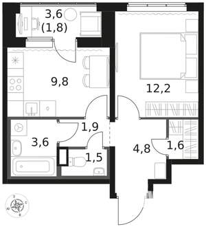 1-к квартира, вторичка, 37м2, 2/8 этаж