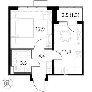 1-к квартира, вторичка, 34м2, 14/17 этаж