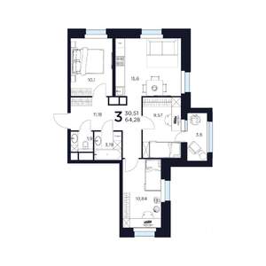 3-к квартира, строящийся дом, 64м2, 7/17 этаж