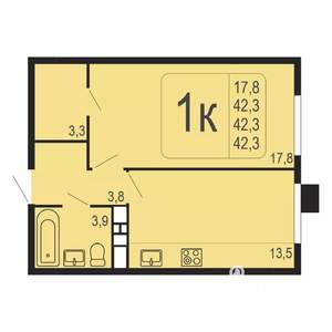 1-к квартира, строящийся дом, 42м2, 1/8 этаж