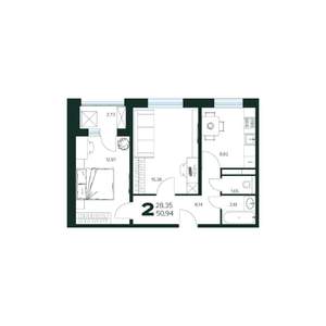 2-к квартира, строящийся дом, 51м2, 7/9 этаж