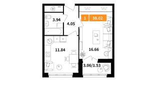 1-к квартира, вторичка, 38м2, 1/6 этаж