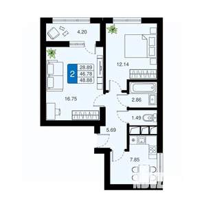 2-к квартира, вторичка, 49м2, 13/20 этаж